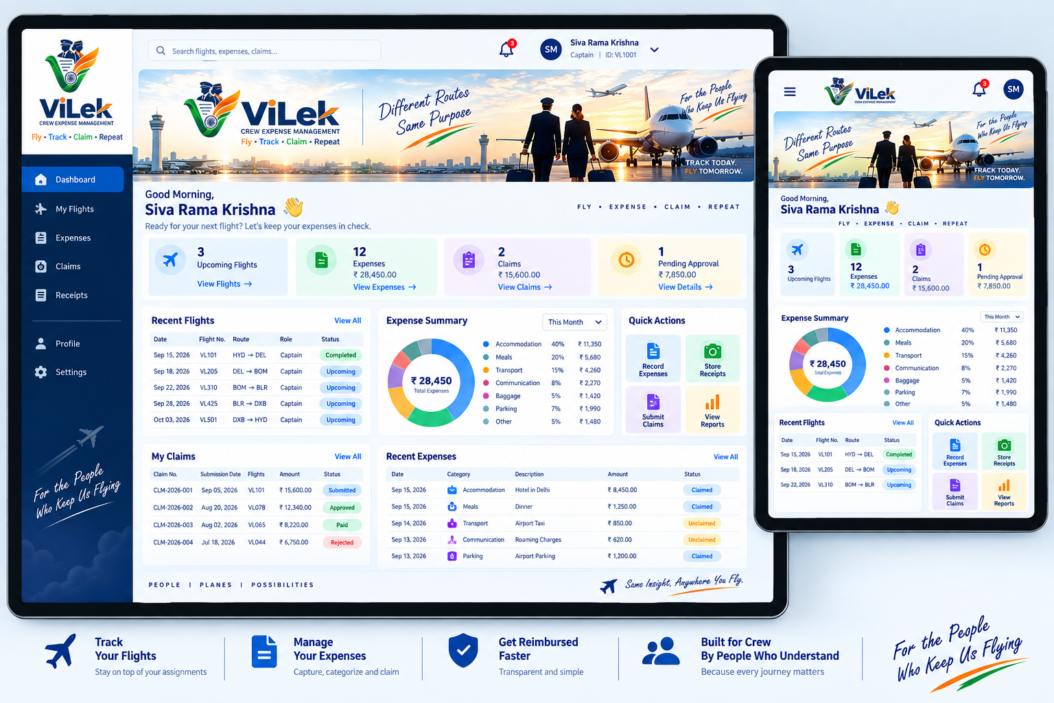 ViLek dashboard showing flight, expense and claim information